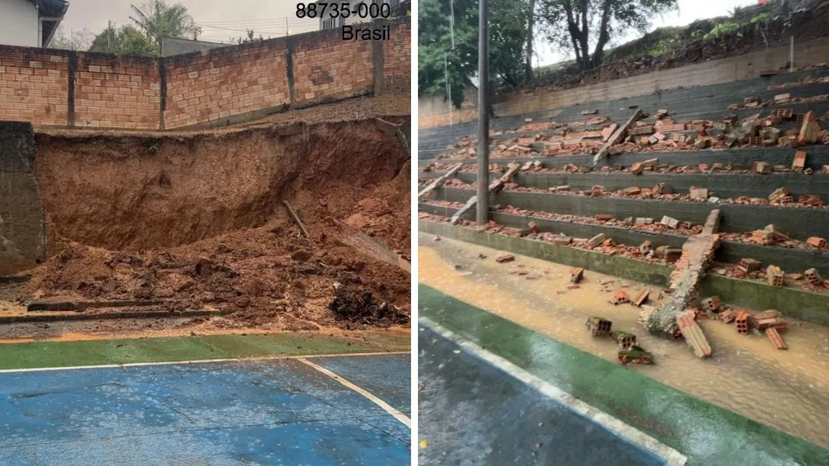 Muro de escola desaba na Capital Catarinense das Águas Termais devido às fortes chuvas