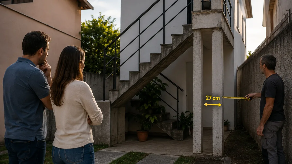 Casal coloca casa à venda e levantamento mostra que pilares da escada vizinha avançaram 27 centímetros sobre o terreno