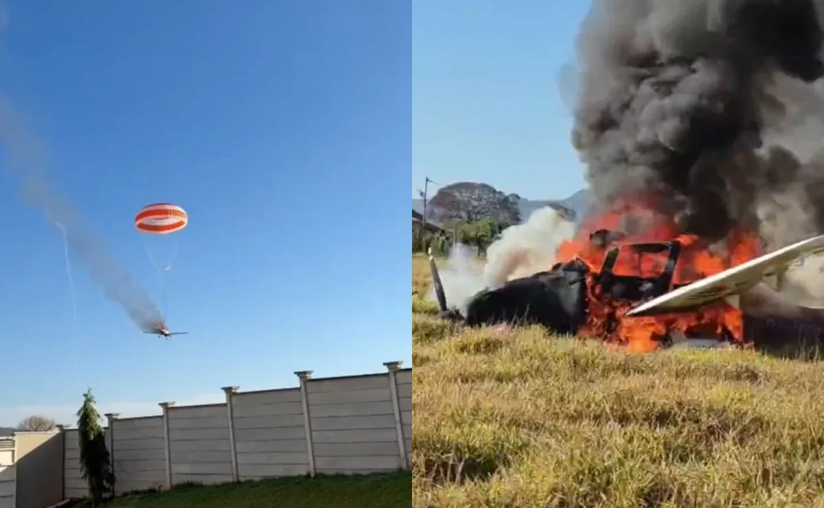Vídeo! Avião pega fogo e explode no ar, mas piloto pensa rápido e aciona sistema de paraquedas durante queda