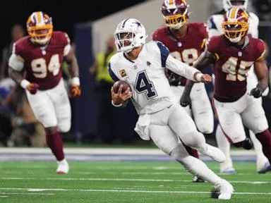 Prescott throws 4 TD passes as Cowboys beat Commanders, who again lose Daniels to dislocated elbow