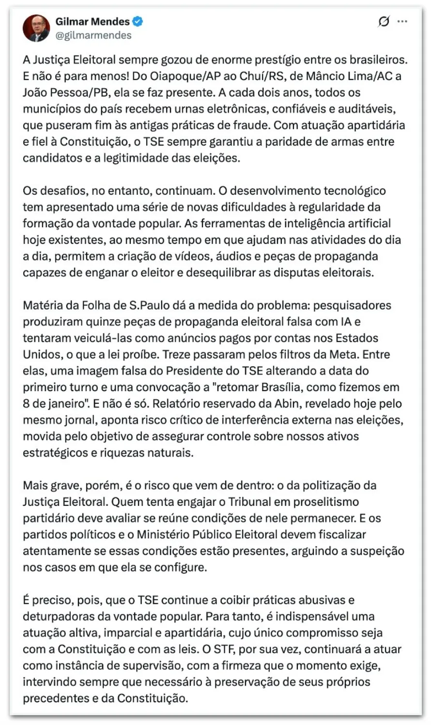 Gilmar sugere que integrantes do TSE devam ser afastados