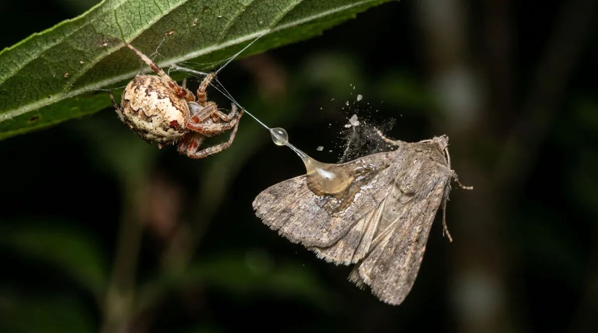 Em vez de construir uma teia convencional, uma pequena aranha gira uma única linha de seda com uma gota pegajosa na extremidade e a lança como um laço contra mariposas atraídas por sinais químicos