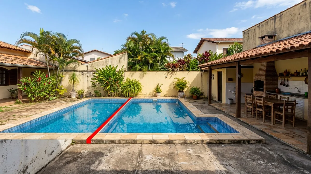 Família herda casa com quintal usado há décadas, constrói piscina e área gourmet avaliadas em R$ 25 mil e ao vender o imóvel, descobre que uma faixa ocupada pertence à propriedade ao lado, vizinho descobre e exige ficar com construções em seu terreno sem indenização