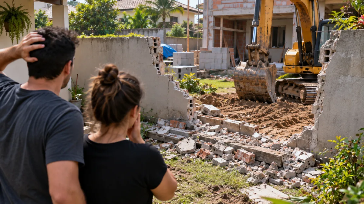 Família volta de viagem e encontra o muro dos fundos demolido quase até a metade; vizinho diz que precisava abrir passagem para uma retroescavadeira entrar na obra