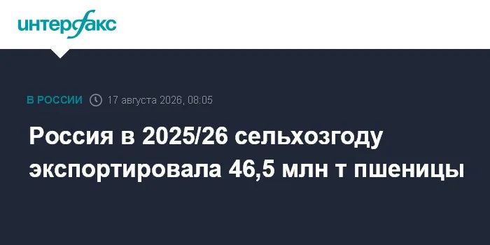 Россия в 2025/26 сельхозгоду экспортировала 46,5 млн т пшеницы