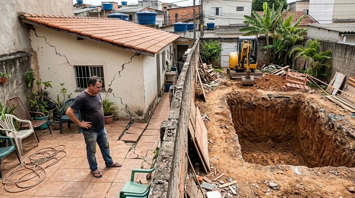 Família constrói uma piscina no fundo do terreno, vizinho percebe rachaduras no piso e afundamento próximo ao muro após a escavação e exige a suspensão da obra, mas fotografias antigas mostram que parte do problema já existia