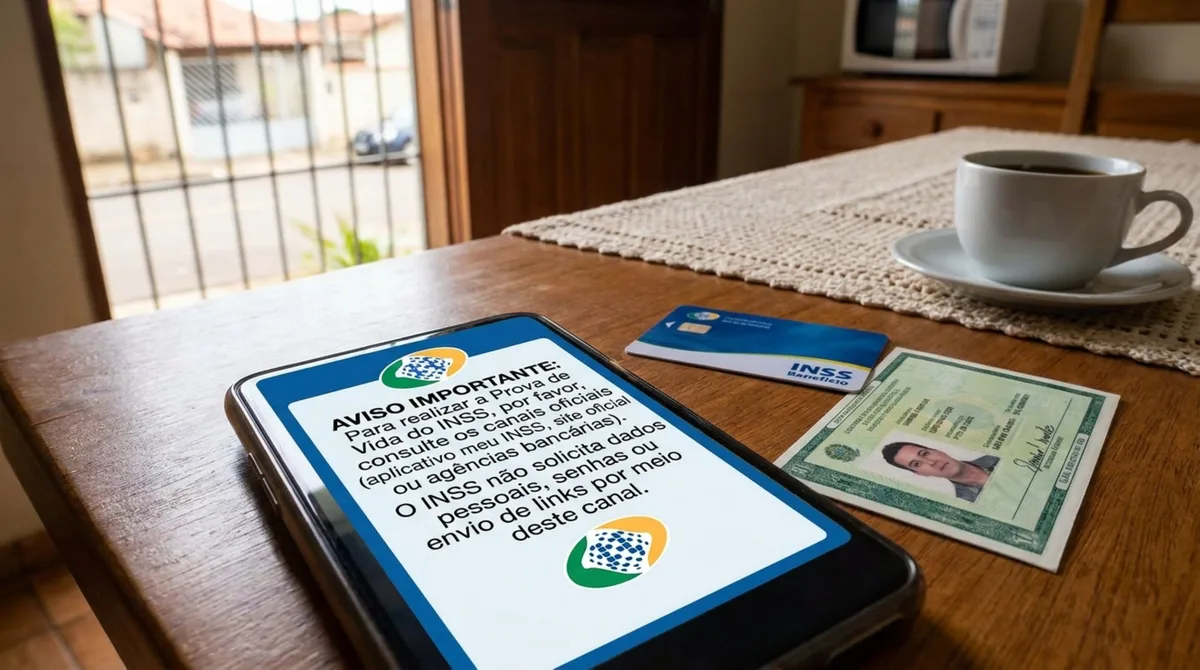Aposentado recebe mensagem no celular sobre Prova de Vida do INSS, aviso pede regularização e beneficiário fica em dúvida se pagamento pode ser interrompido
