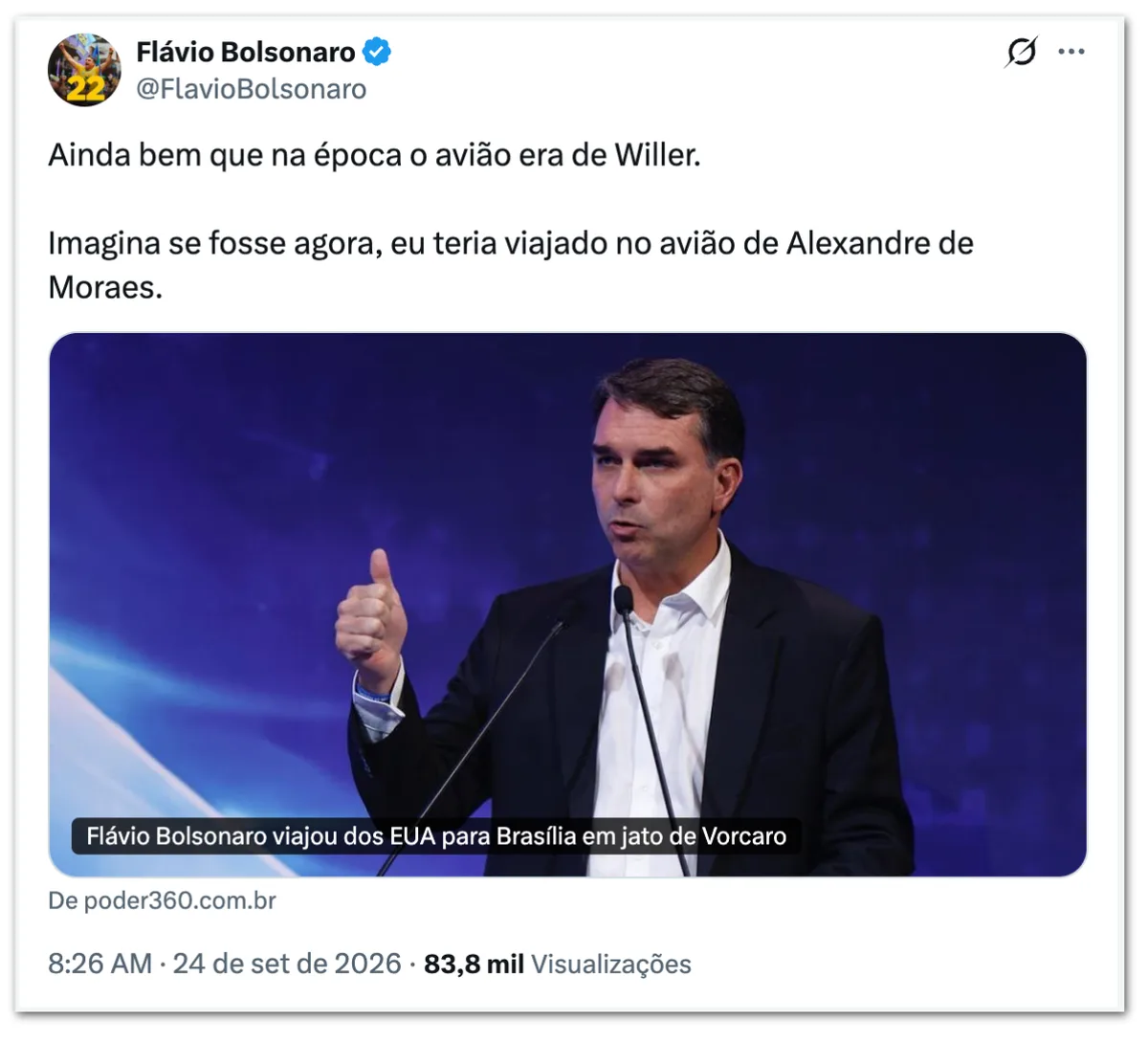 Flávio ironiza reportagem sobre uso de jatinho ligado a Vorcaro