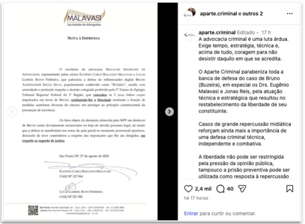 Justiça concede habeas corpus a influenciador Buzeira