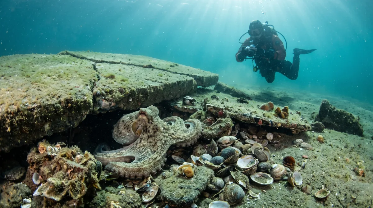 Equipe de mergulho passa semanas observando o mesmo polvo reorganizar conchas e materiais soltos em torno da entrada de uma cavidade sob uma placa de concreto submersa, até adotar o hábito de recolher pequenos objetos da área antes de cada mergulho