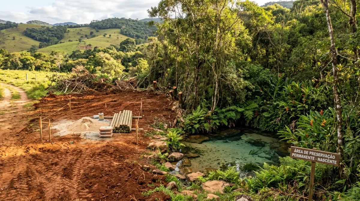 Casal compra terreno rural com nascente cercada por mata, limpa a área para construir um quiosque e depois descobre que existe uma faixa de proteção de 50 metros ao redor da água