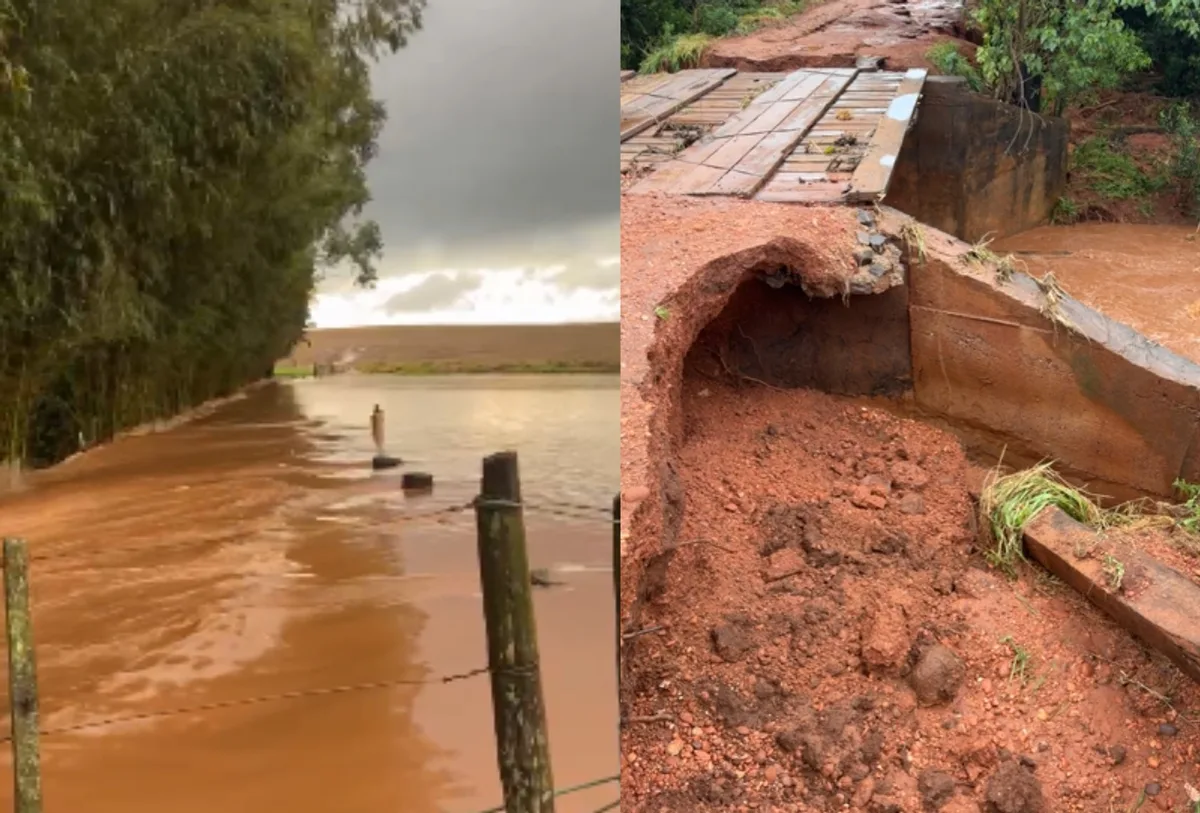 Chuva forte transforma lavoura em rio e danifica ponte no sul de MS