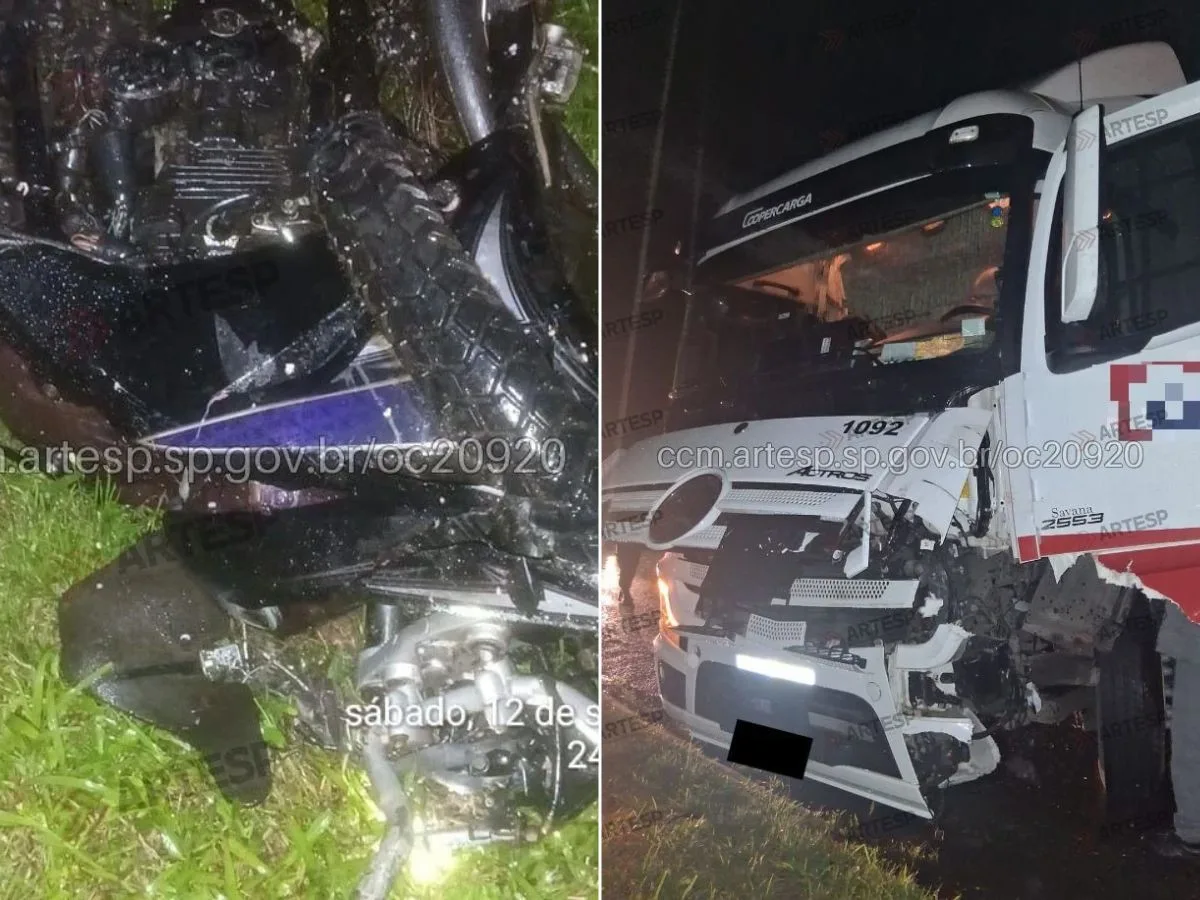 Motociclista invade pista contrária, bate de frente com caminhão e duas pessoas morrem em rodovia de SP