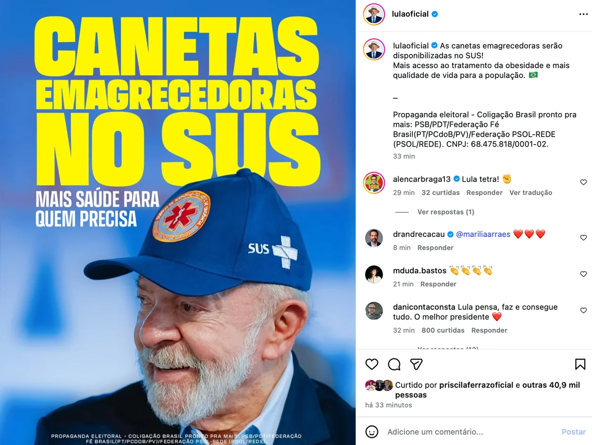 Lula anuncia distribuição de canetas emagrecedoras no SUS