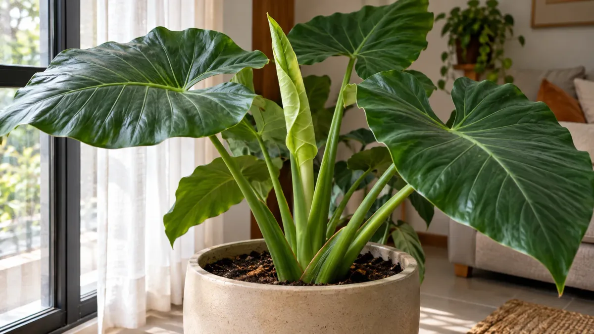Alocasia em vaso grande perto da janela da sala: 5 cuidados importantes justamente quando uma nova folha começa a se desenrolar