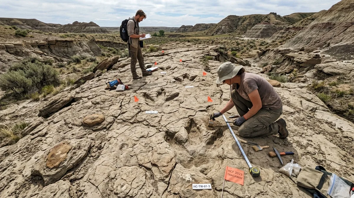 Quatro pegadas gigantes apareceram em sequência e registraram um T. rex adulto andando há 66,5 milhões de anos