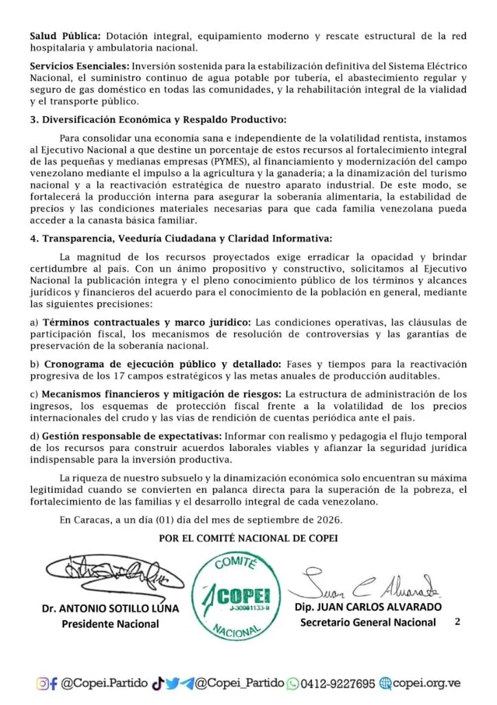 Dirigencia copeyana solicita al gobierno «la publicación íntegra» del acuerdo petrolero con EEUU