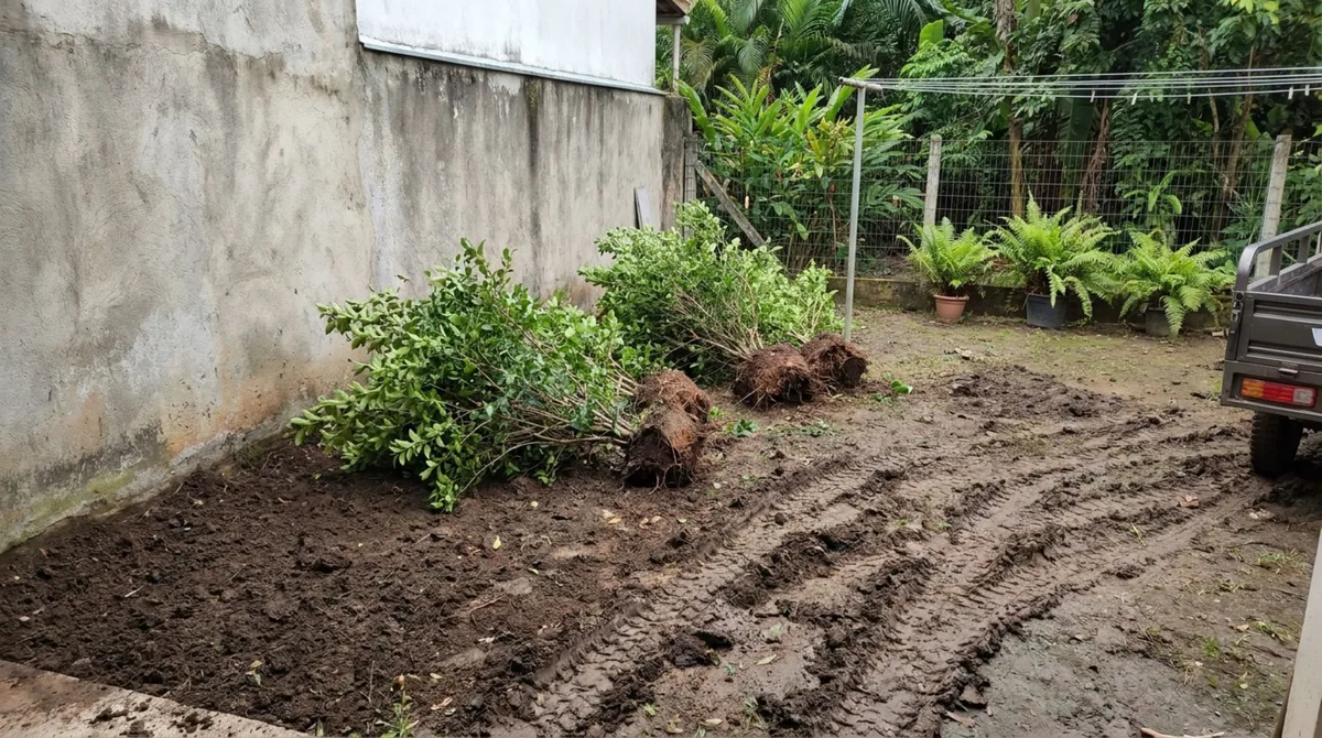 Casal passa alguns dias fora e encontra canteiro de arbustos arrancado para passagem de máquinas na obra vizinha, ele exige recuperação da faixa afetada, e vizinho alega que era necessário