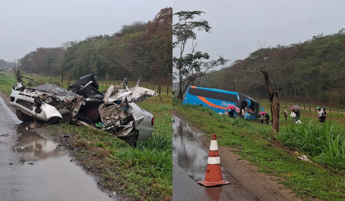 Quatro pessoas ficam feridas após acidente entre ônibus e carro na BR-101 no Norte do ES