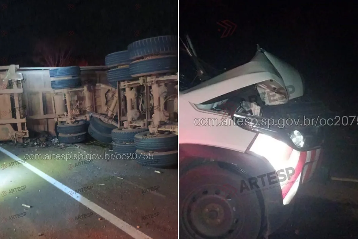 Carreta tomba ao tentar evitar colisão e espalha carga de cana-de-açúcar na SP-294
