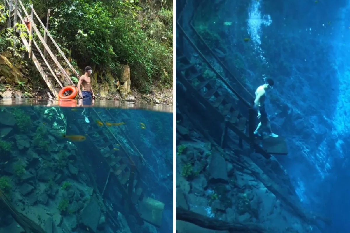 Escada submersa em lagoa misteriosa cria cena surreal e caminhada debaixo d'água; VÍDEO