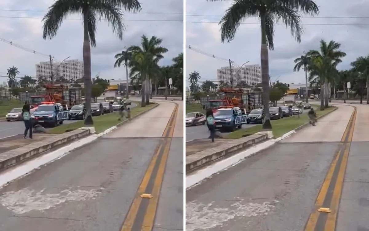 Policial para viatura no meio de avenida para salvar criança que corria em meio ao trânsito de Goiânia; vídeo