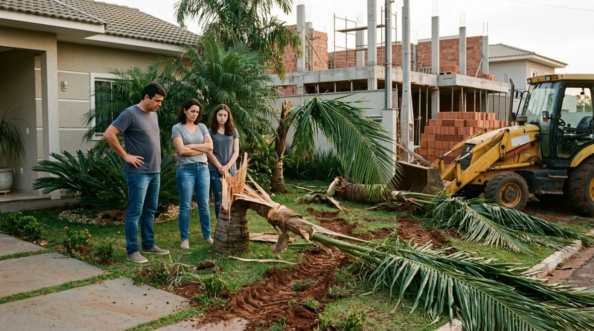 Família encontra as palmeiras do jardim quebradas após a máquina da obra vizinha entrar no terreno, pede reposição por exemplares equivalentes e rejeita a oferta de mudas pequenas