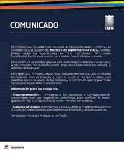 El Aeropuerto Internacional de Maiquetia iniciará operaciones el #1Sep