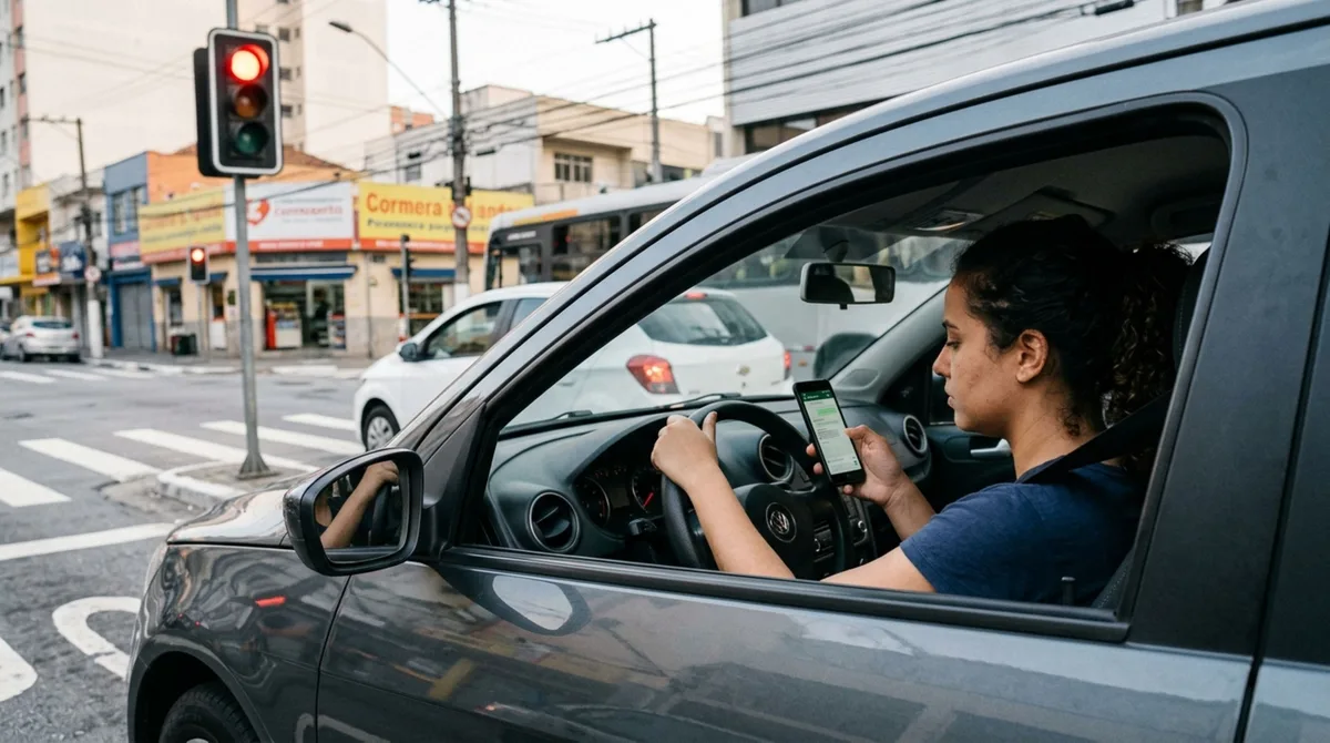 Motorista para no sinal vermelho, pega o celular para responder mensagem e é observado pela fiscalização, condutor afirma que o carro estava completamente parado e questiona se pode ser multado