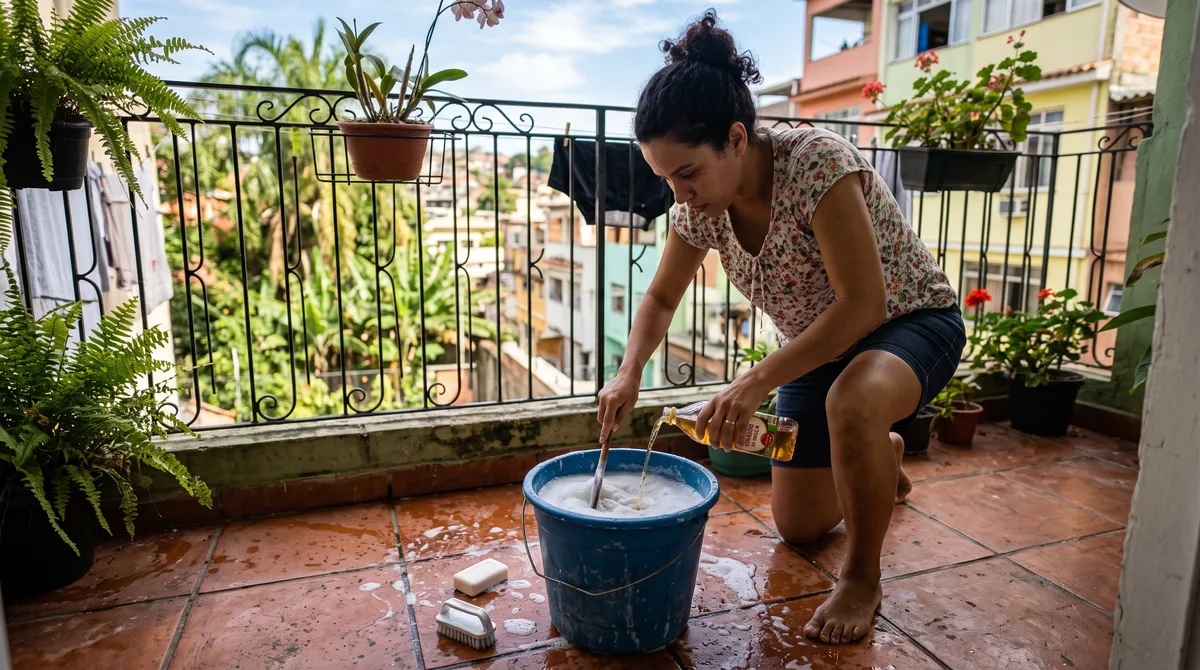 Misturar sabão de coco ralado com vinagre de maçã para lavar a varanda: por que essa mistura antiga solta a sujeira pesada do piso sem precisar de esforço