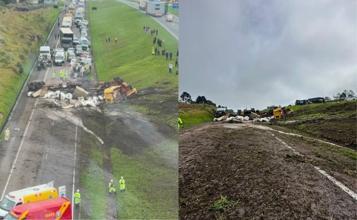 Caminhão tomba na BR-277, deixa quatro vítimas e interdita pista sentido Curitiba; vídeo