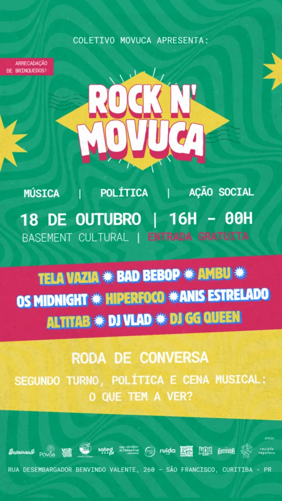 Rock N’ Movuca: festival gratuito em Curitiba reúne 7 bandas e debate político neste domingo