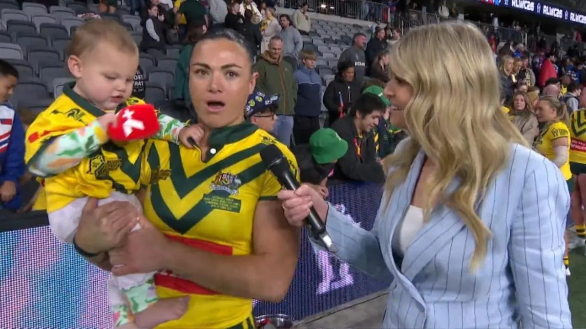 Jillaroos star Millie Elliott’s daughter Gigi cheekily crashes post-match interview: ‘Oh my god’