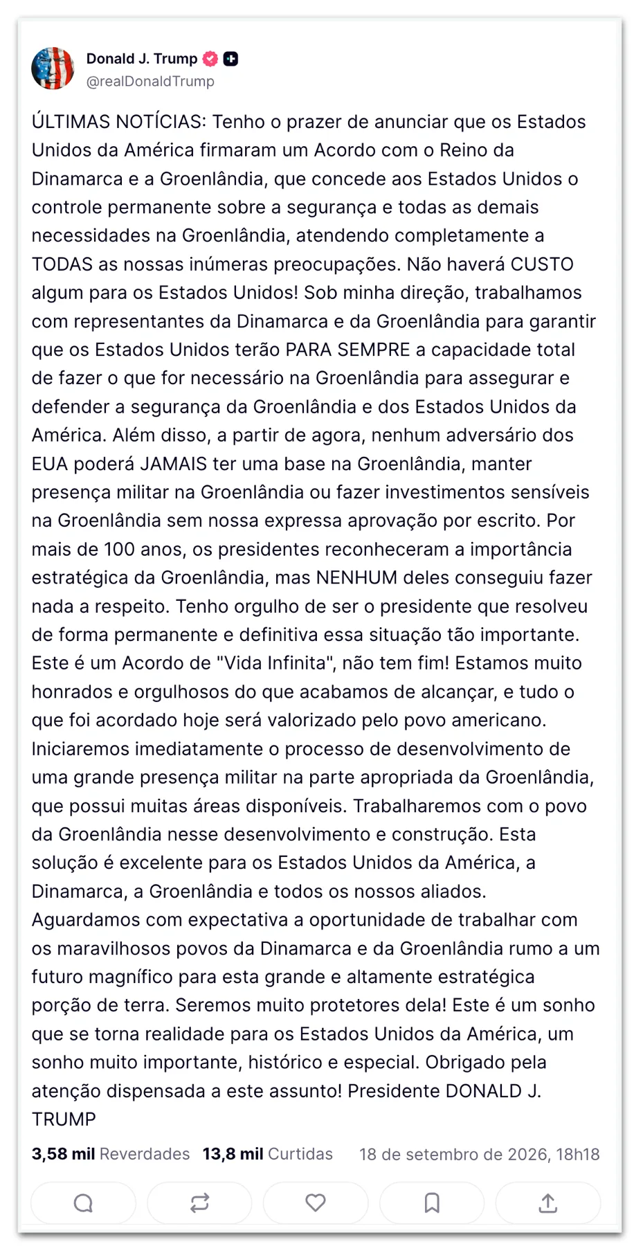 Trump anuncia acordo para controle permanente da Groenlândia