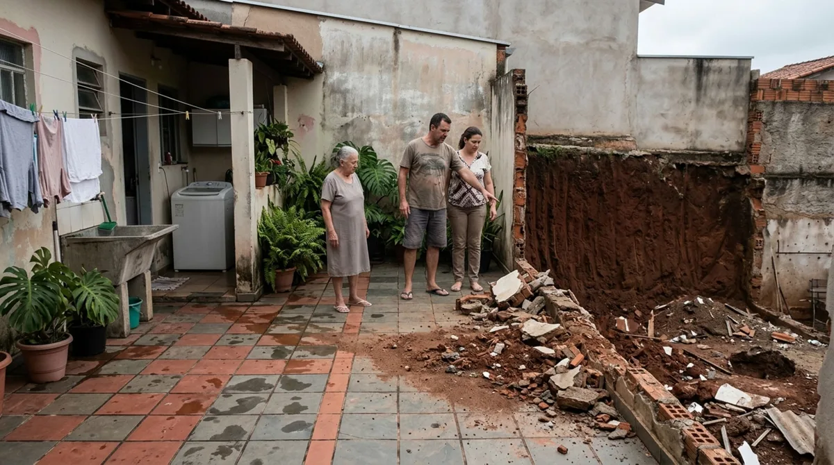 Família encontra o muro dos fundos demolido durante a obra vizinha e descobre que a terra retirada deixou seu quintal sem contenção, exigindo reparo antes do período de chuvas