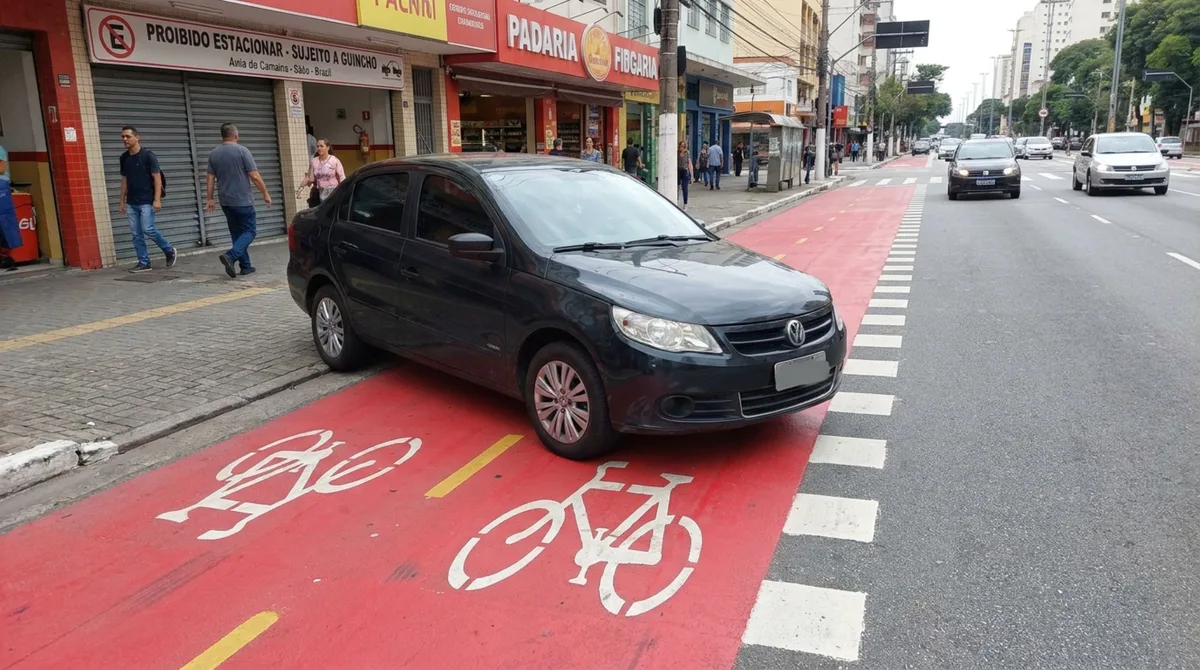 Motorista estaciona sobre a ciclofaixa porque não encontra vaga na rua e pode ter o carro removido mesmo fora do horário de pico