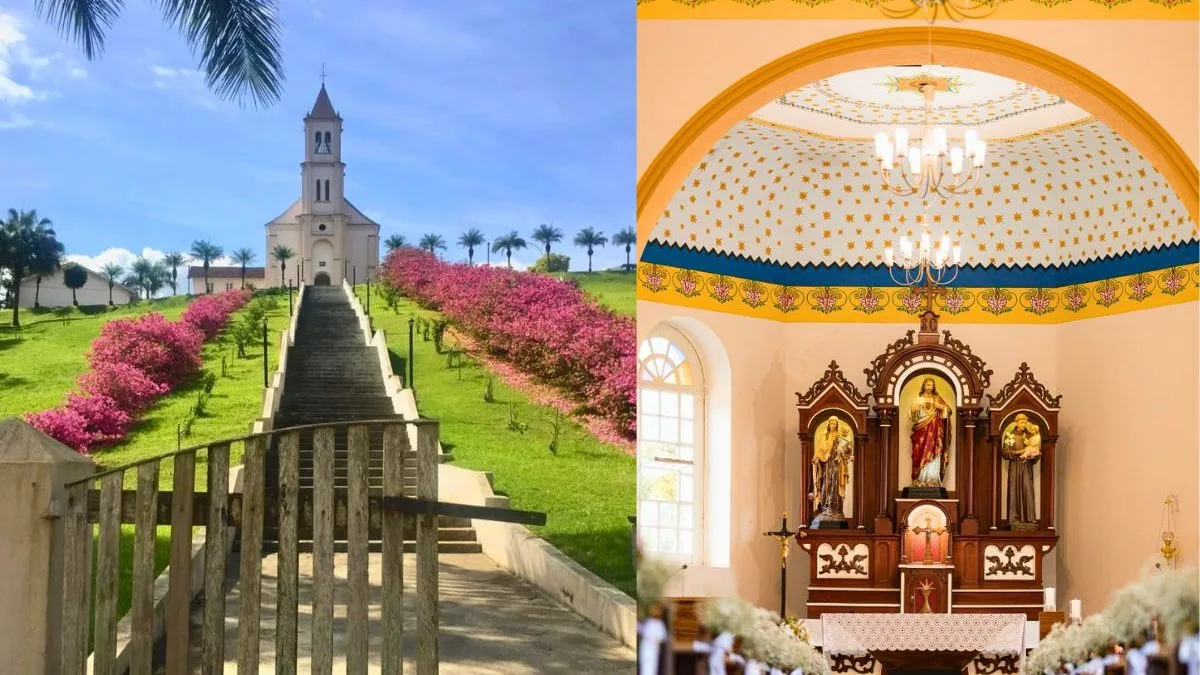 Capela com escadaria florida de conto de fadas guarda teto estrelado, mas segredo gravado no altar entalhado revela quase 100 anos da imigração italiana em SC