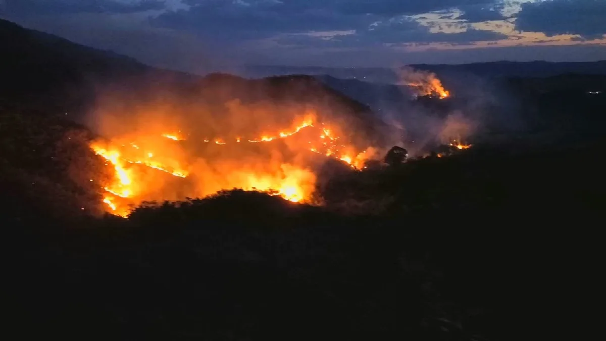 Incêndio florestal com linha de fogo de 15 km atinge serra em Goiás; vídeo
