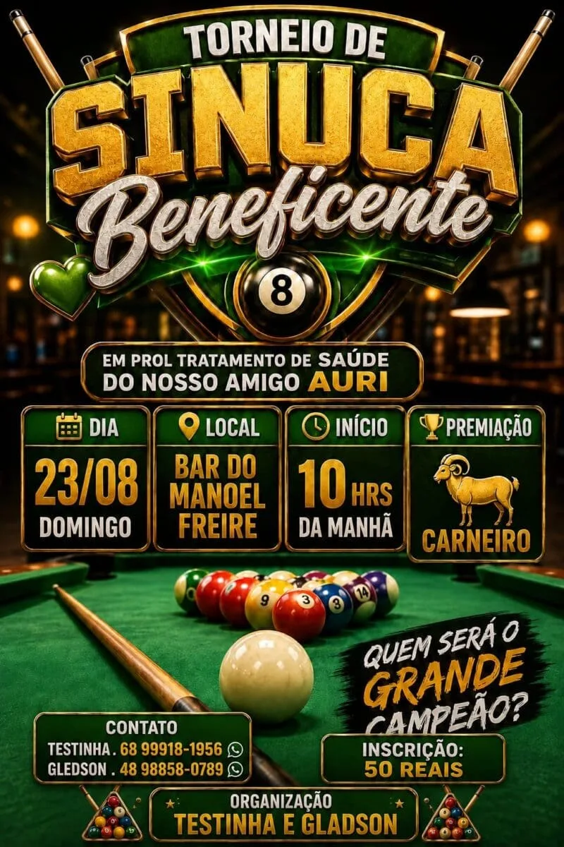 Torneio de sinuca ajuda acreano no tratamento de câncer e sorteia carneiro