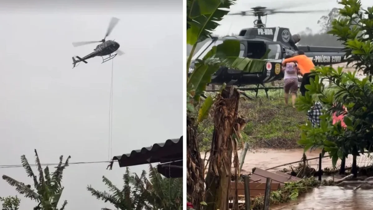 ‘Está tudo destruído’: helicóptero faz resgate de emergência após chuva inundar casas e ilhar moradores em SC