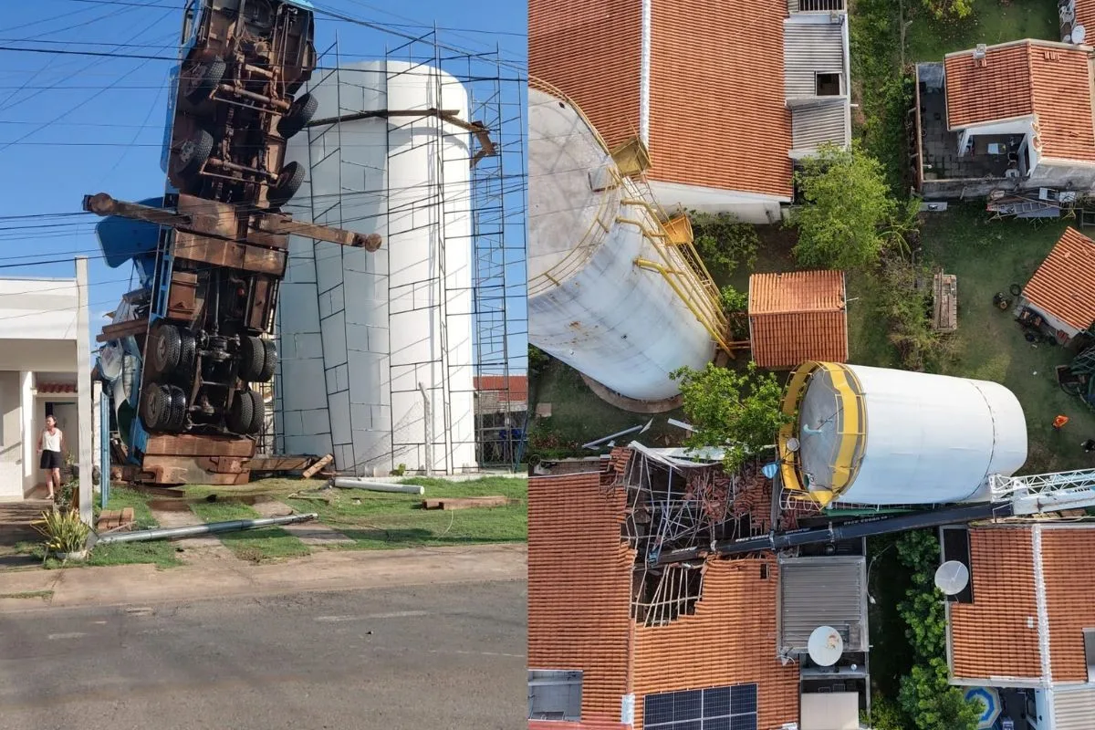 VÍDEO: caminhão guindaste tomba e destrói telhado de casa durante reforma em Cuiabá