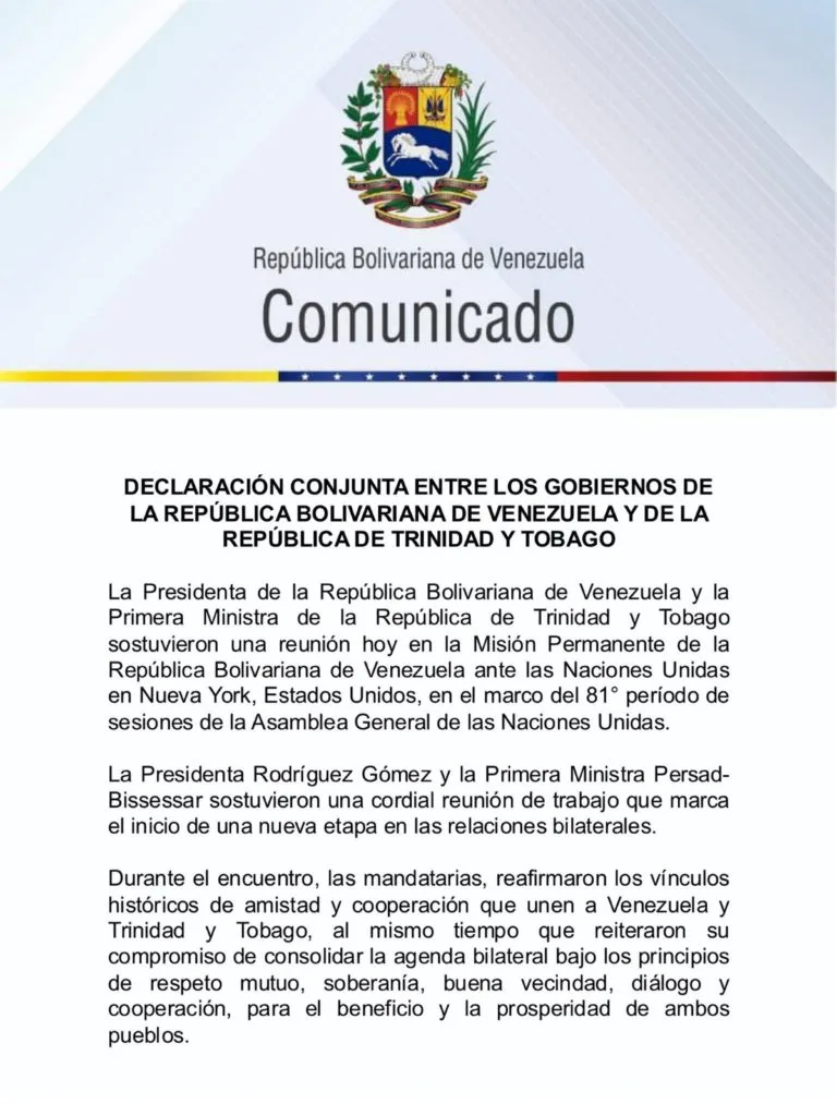 Delcy Rodríguez se reunió con la primera ministra de Trinidad y Tobago en Nueva York: «Nueva etapa en relaciones bilaterales»