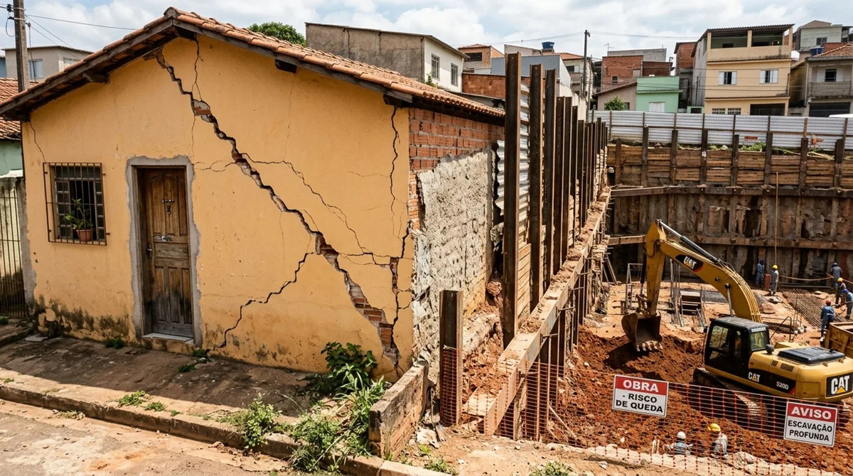 Morador passa uma semana fora, ao voltar, descobre rachaduras após vizinho escavar terreno ao lado para construir e exige que danos sejam reparados