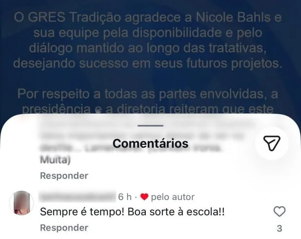 Nicole Bahls se manifesta após Escola de Samba Tradição cancelar homenagem e curtir críticas à influenciadora Nicole Bahls se manifesta após Escola de Samba Tradição cancelar homenagem e curtir críticas à influenciadora