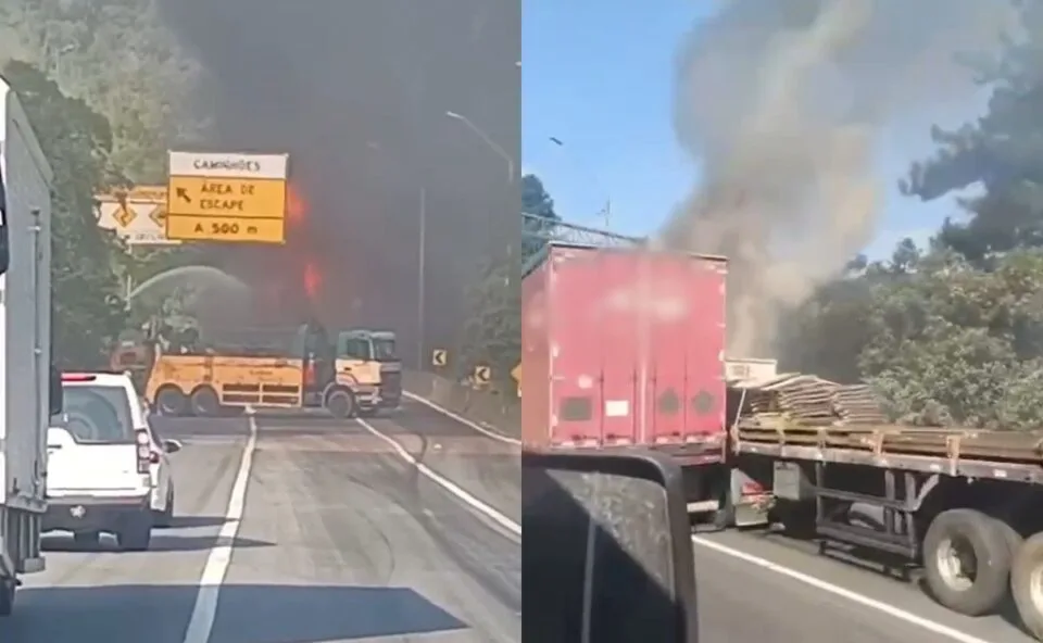 Engavetamento entre três carretas provoca incêndio e fila de 10 km na BR-376; veja vídeo