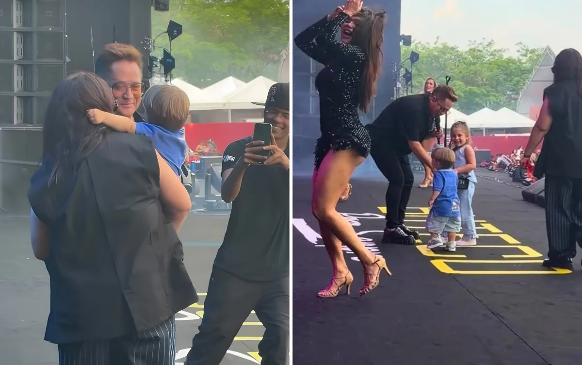 Netos do cantor Leonardo roubam a cena durante show do avô e Gusttavo Lima em Goiânia