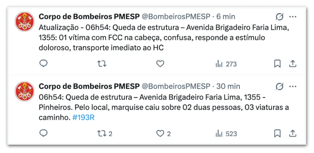 Queda de marquise cai sobre duas pessoas na Faria Lima