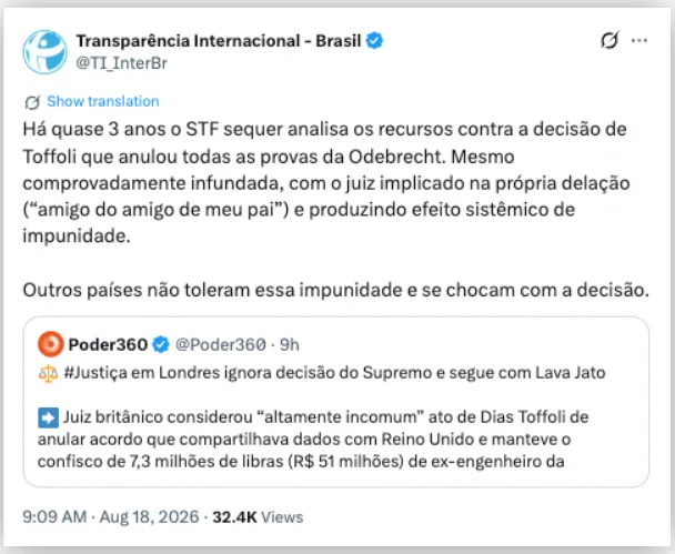 Outros países não toleram impunidade, diz ONG sobre Toffoli