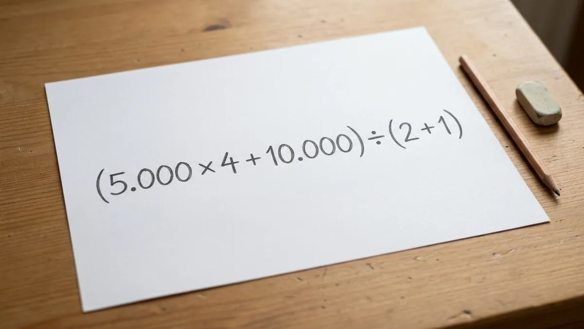 Quanto é (5.000 × 4 + 10.000) ÷ (2 + 1)? O desafio matemático testa sua atenção aos parênteses