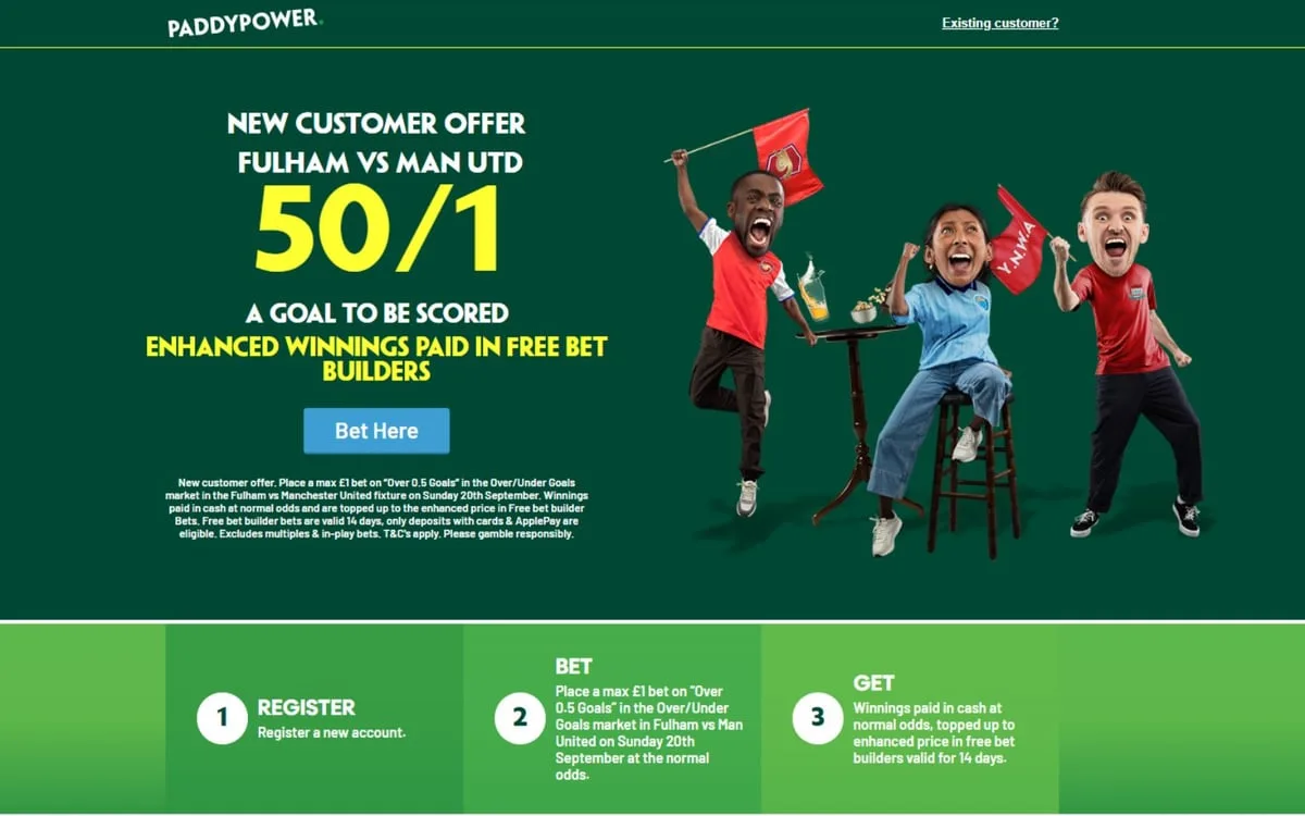 Paddy Power free bet offer: Get 50/1 on a goal to be scored in Fulham vs Manchester United